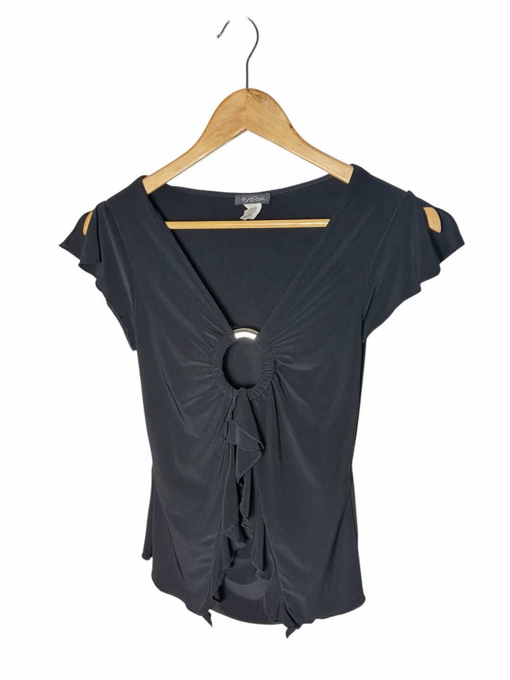 Vintage Y2K black flutter sleeve cutout ruffle blouse size M